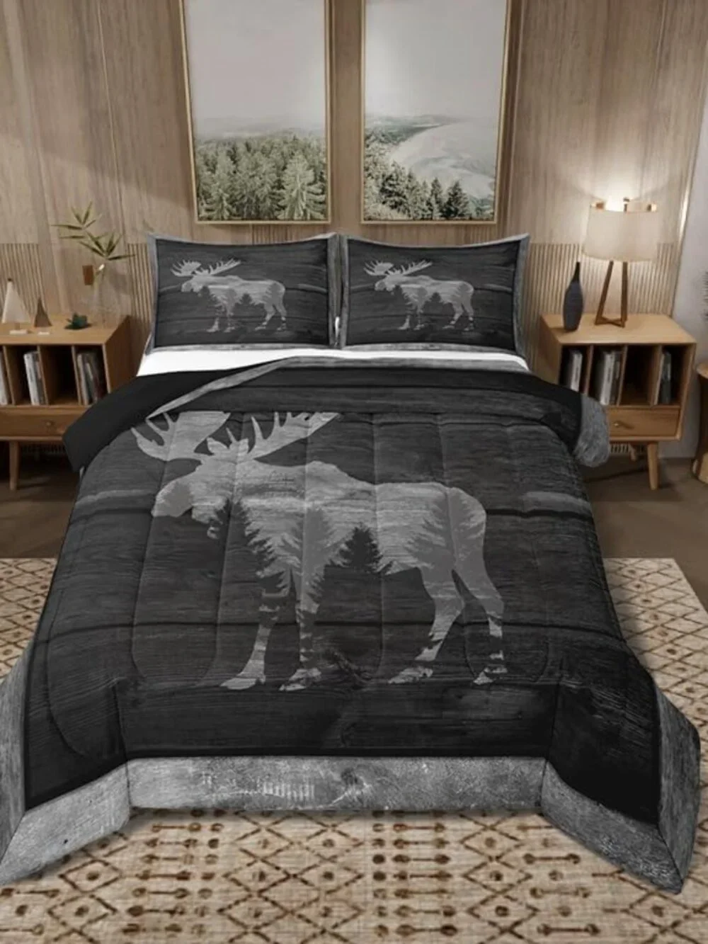 Moose Cabin Comforter Set Wild Animal Jungle Pine Trees Silhouette Bedding Set f